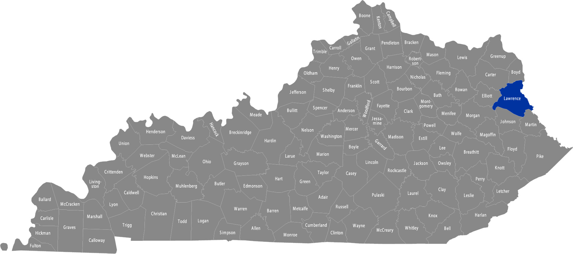 State of Kentucky map with Lawrence County highlighted 